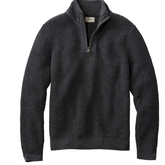 LLBean Men's Organic Cotton Waffle Sweater, Quarter Zip GRAY - Picture 1 of 4